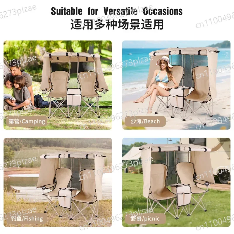 Foldable Double Leisure Seat with Shade Cover, Lightweight Outdoor Daily Rest Furniture