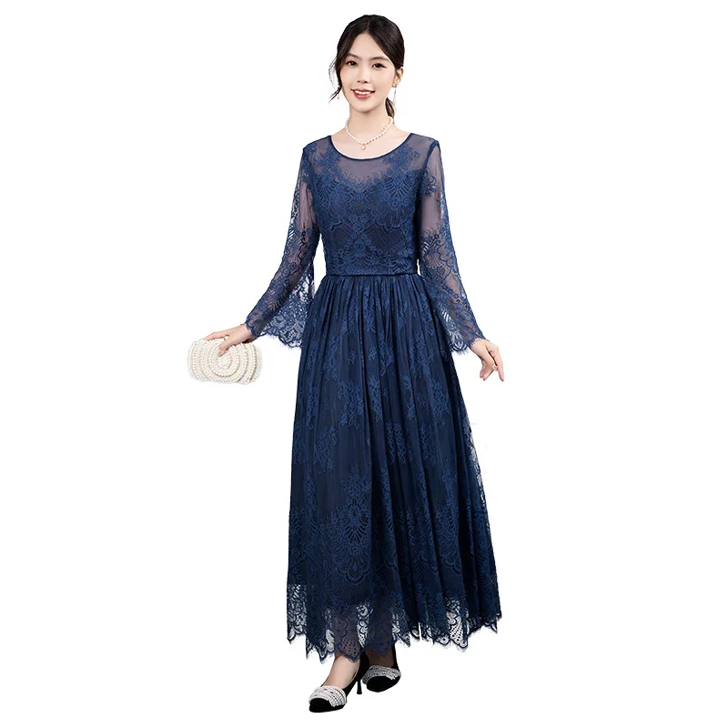 Long Mother Of The Bride Dresses Lace Trimming  Elegant Long Sleeve Mother Of The Bride Gown Navy Blue