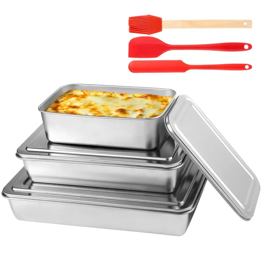 

3 Pcs Stainless Steel Cake Pan with Lid, 13 11 9 Inch Cake Pans Sets for Baking, NonStick Bread Loaf Pans, Rectangle Baking Bake