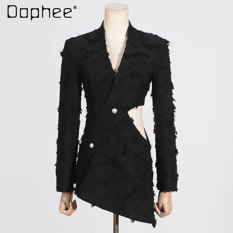 Mode personal isierte Blazer Mantel aushöhlen Asymmetrie Quaste Frauen V-Ausschnitt Langarm Slim Anzug Jacke für Frauen schwarz