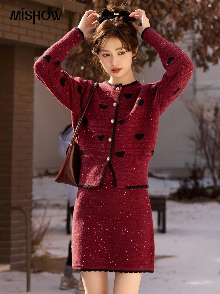 MISHOW Christmas New Year Sequin Skirt Set Women Knitted Cardigan Mini Sequined Skirts Autumn Winter 2 Pieces Sets MXC59Z0515