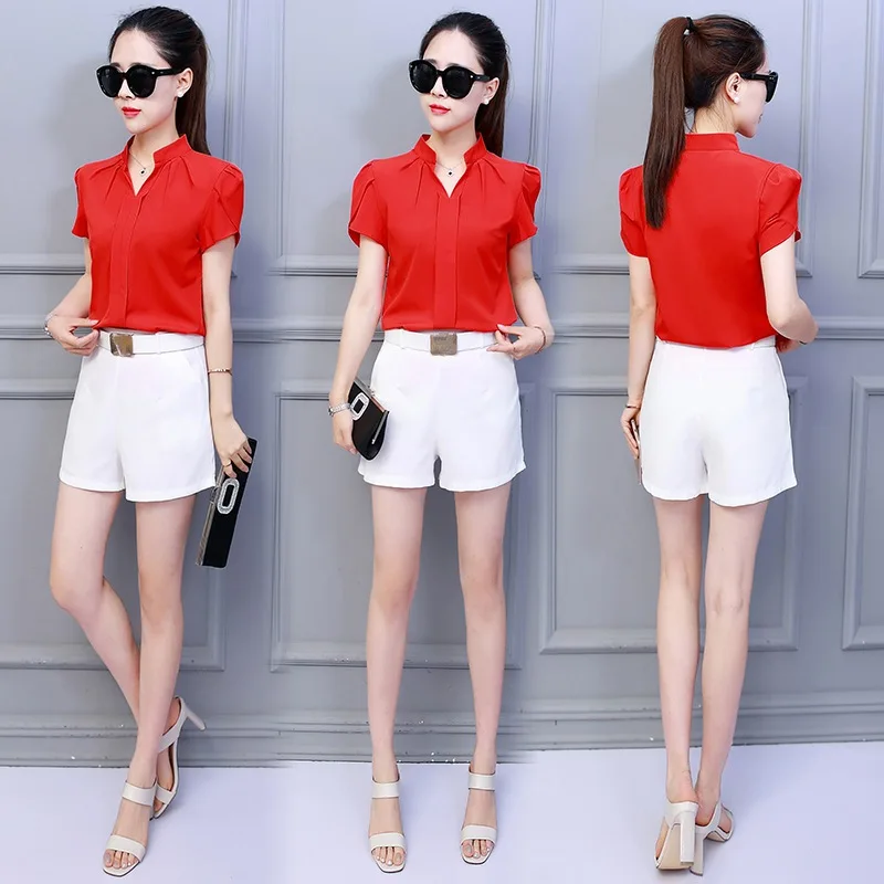 Summer Blouse Women Office Ladies Chiffon White Shirt Short Sleeve elegant Tops Casual Overalls Female Clothing