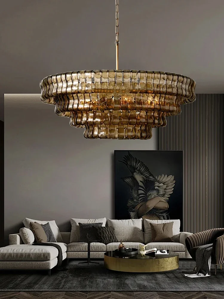 

American Oval Glass Chandelier Creative Simple Nordic Living Room Restaurant Villa Hotel Engineering Smoke Glass Chandelier