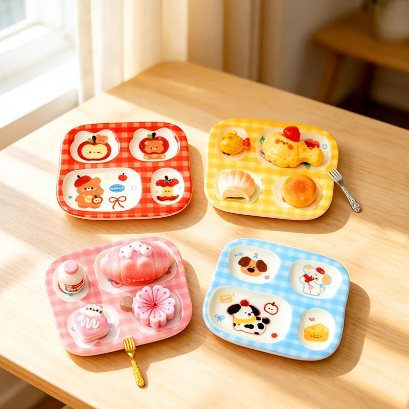 Cartoon Animal Divided Plate Desk Ornament Simulation Food Tray Decorative Figurine Cute Kawaii Home Decor Accessory Gift