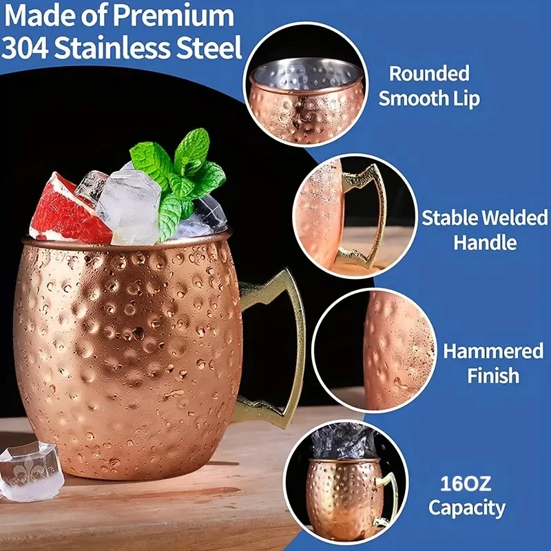 Aço inoxidável martelado cobre chapeado Cocktail caneca, Moscow Mule, copo de cerveja, café, bar ferramentas, copos para o Ramadan, 550ml