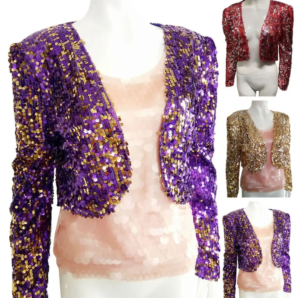 

Short Sequined Jacket Elegant Sequin Jackets for Women Long Sleeve Blouson Glitter Short Coats Fashionable Office for Ladies