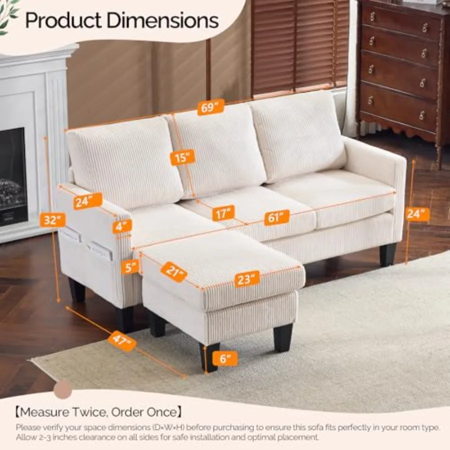 68.5' L-shaped couch for small spaces and apartments, corduroy fabric, gray, movable storage ottoman and reversible chaise