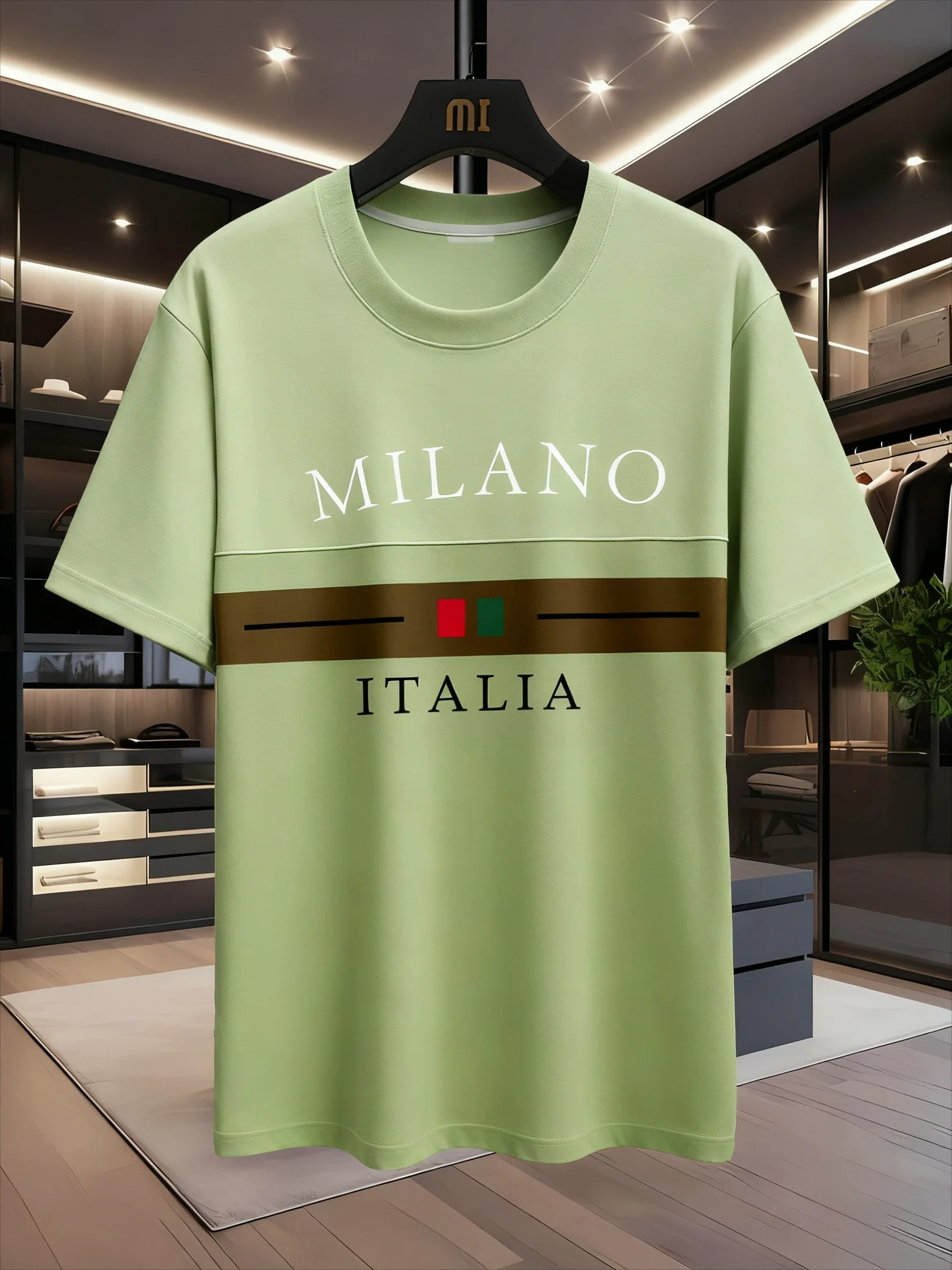 البوليستر قصيرة الأكمام عارضة طاقم الرقبة المحملة ميلانو إيطاليا طباعة الرجال تي شيرت منتظم صالح طفيف تمتد النسيج مخطط نمط