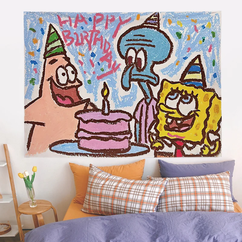 

Kids SpongeBob Patrick Star Happy Birthday Background Cloth party Hanging Cloth Wall Decoration Wall Cloth Octopus Brother Carpe