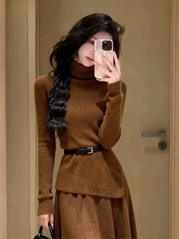 

Ретро-модный вязаный комплект: свитер с высоким воротом и юбка миди для офиса, женский, комфортный, теплый, средней плотности