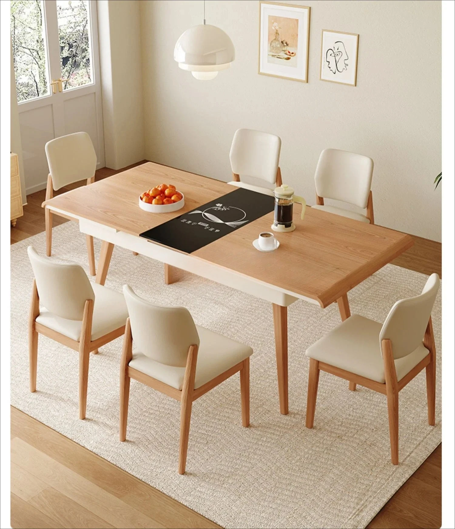 

Rectangle solid wood dining table with induction cooker integrated foldable retractable log cream wind