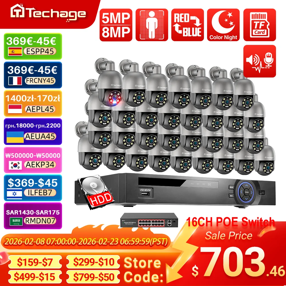 

Techage 32CH 5MP 8MP POE PTZ Camera System Smart Ai Human Detected Two-way Audio Color Night 4K H.26S Security Surveillance Kit
