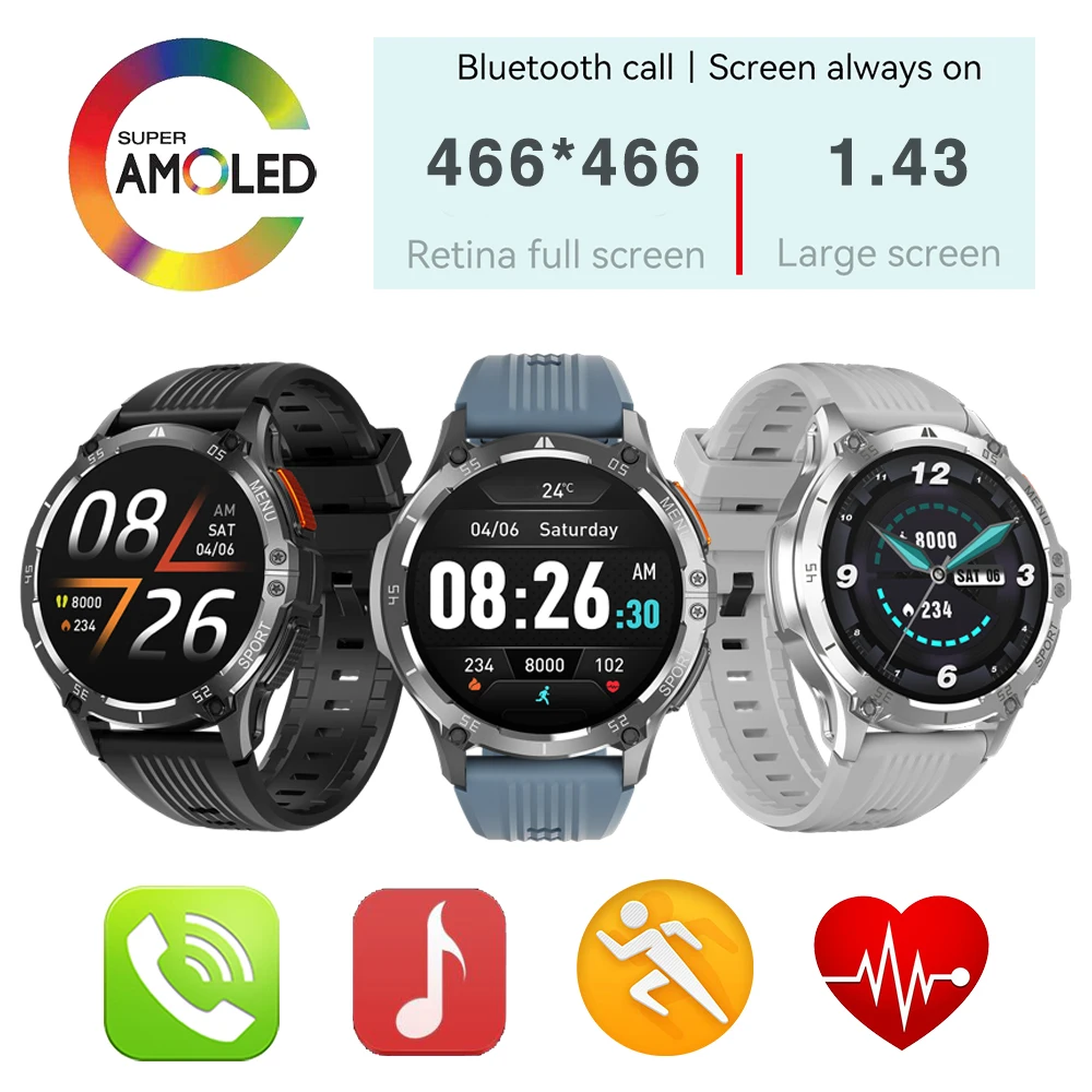 

1.43 Inch AMOLED 466*466 Screen Blue Tooth Call Smartwatch Men Health Monitor Smartwatch Women News Push Sports Sleep Stopwatch