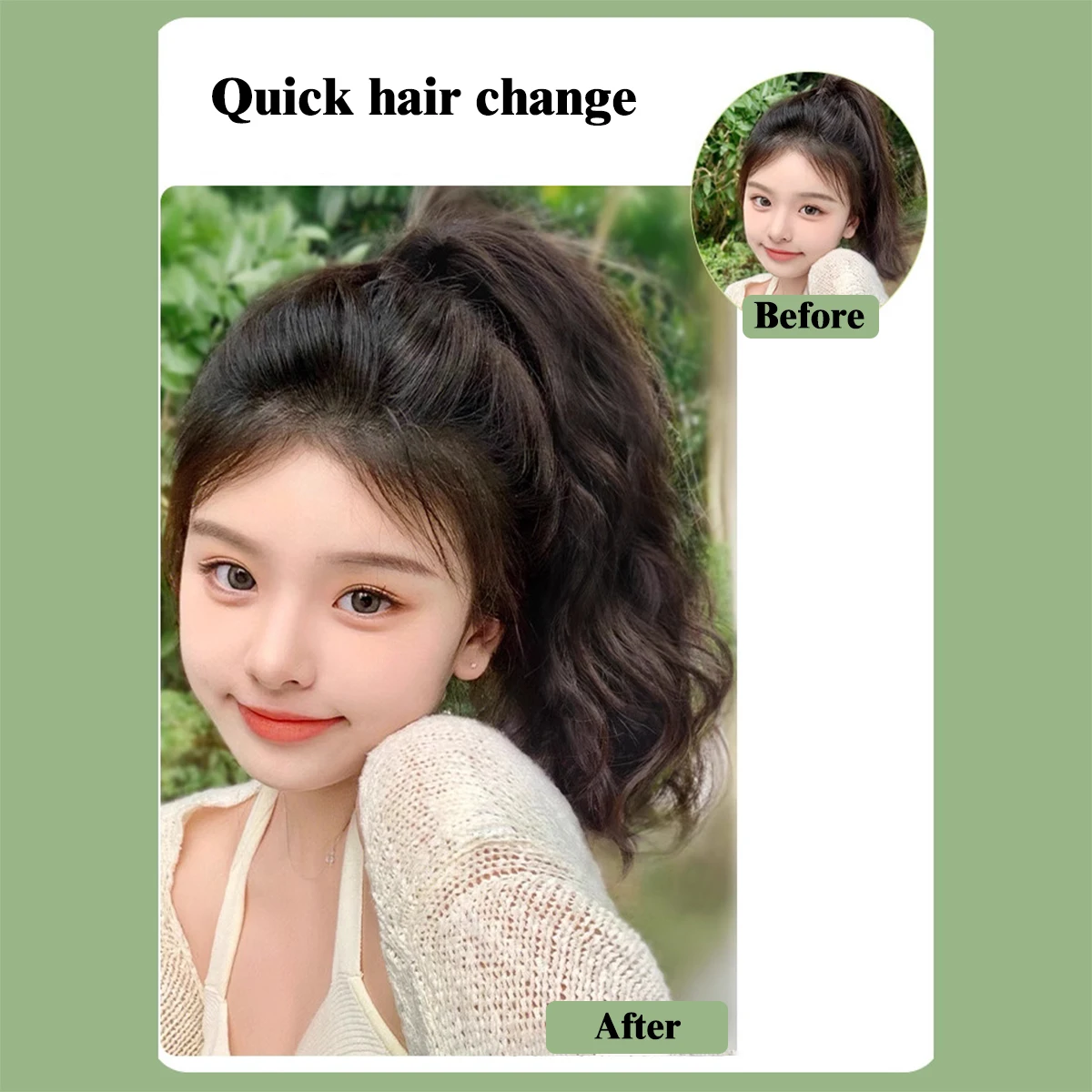 Peruca de rabo de cavalo com ondulação de água sintética de cabelo curto e encaracolado apertado na cauda de cavalo de uma mulher para obter um rabo de cavalo falso naturalmente encaracolado