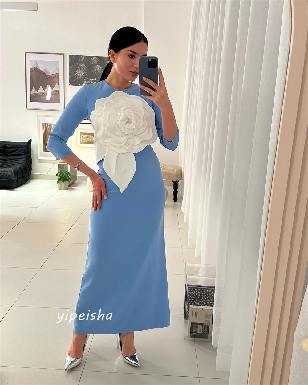 Jersey Flower Pleat Celebrity A-line O-Neck Bespoke Occasion Gown Midi Dresses Saudi Arabia Evening