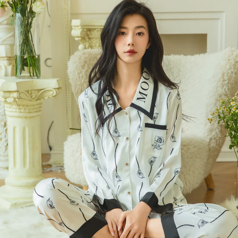 New Pajamas Set Spring Long Sleeve Pants Ice Silk Set Letters Advanced Sense Simple Casual Home Wear Comfortable Pyjamas Sets