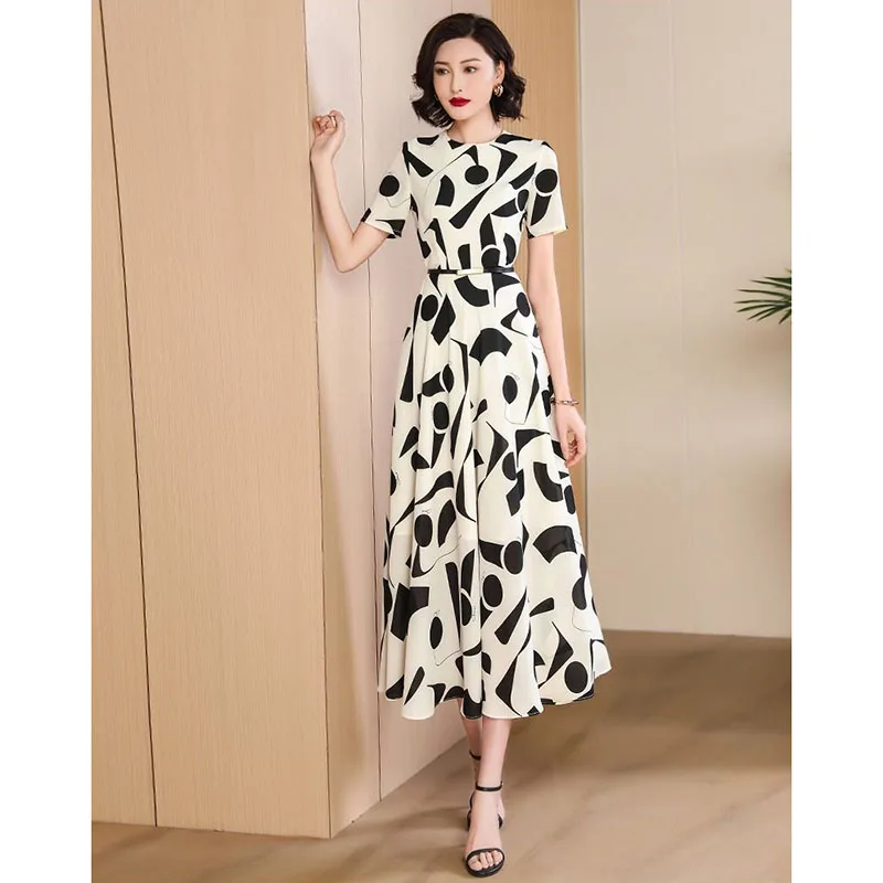 2024 Summer New Temperament Fashion Print Dress Slim Waist Round Neck Age-Reducing Fashion Long Short Sleeve Comfortable Dress