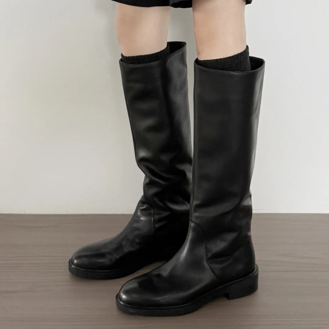 Danxuefei المرأة جلد البقر جولة تو الانزلاق على الخريف حذاء برقبة للركبة مطوي عارضة الإناث عالية الجودة لينة الراحة التمهيد الطويل #1