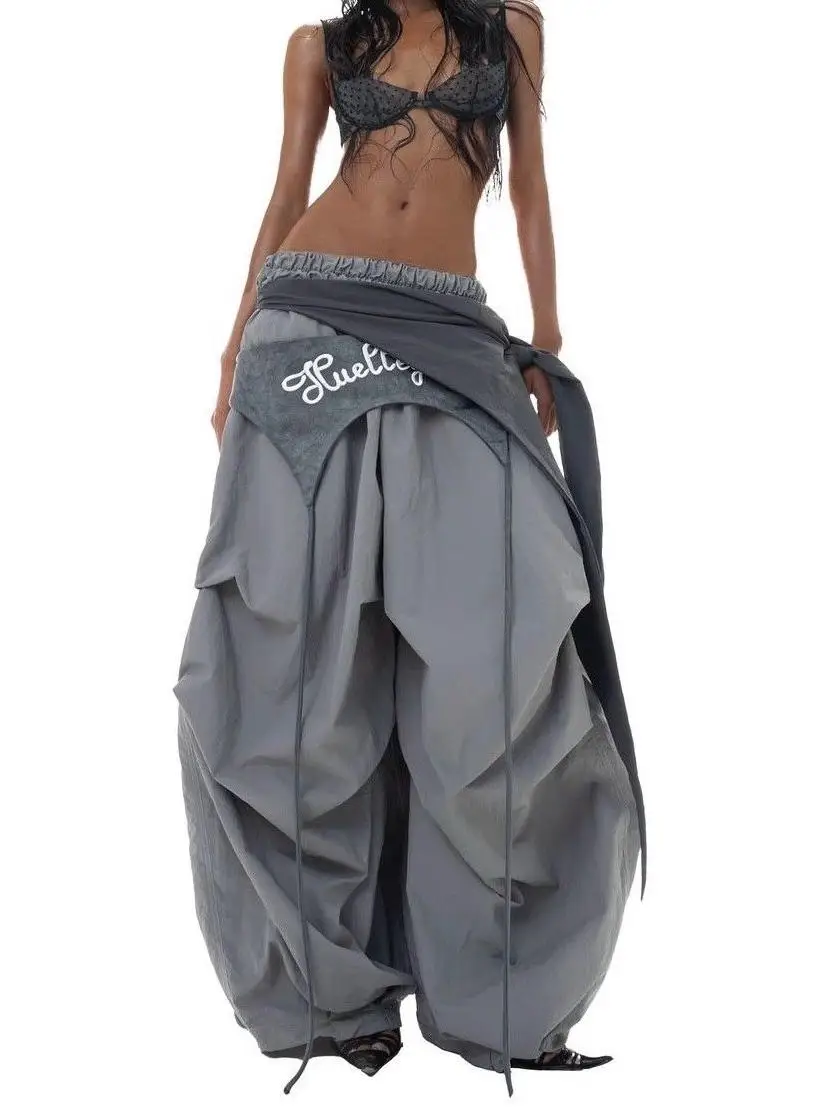 American Street Waist Seal Wide Leg Matchet Pants Women's Spring New Gray Design Sense Sports and Leisure