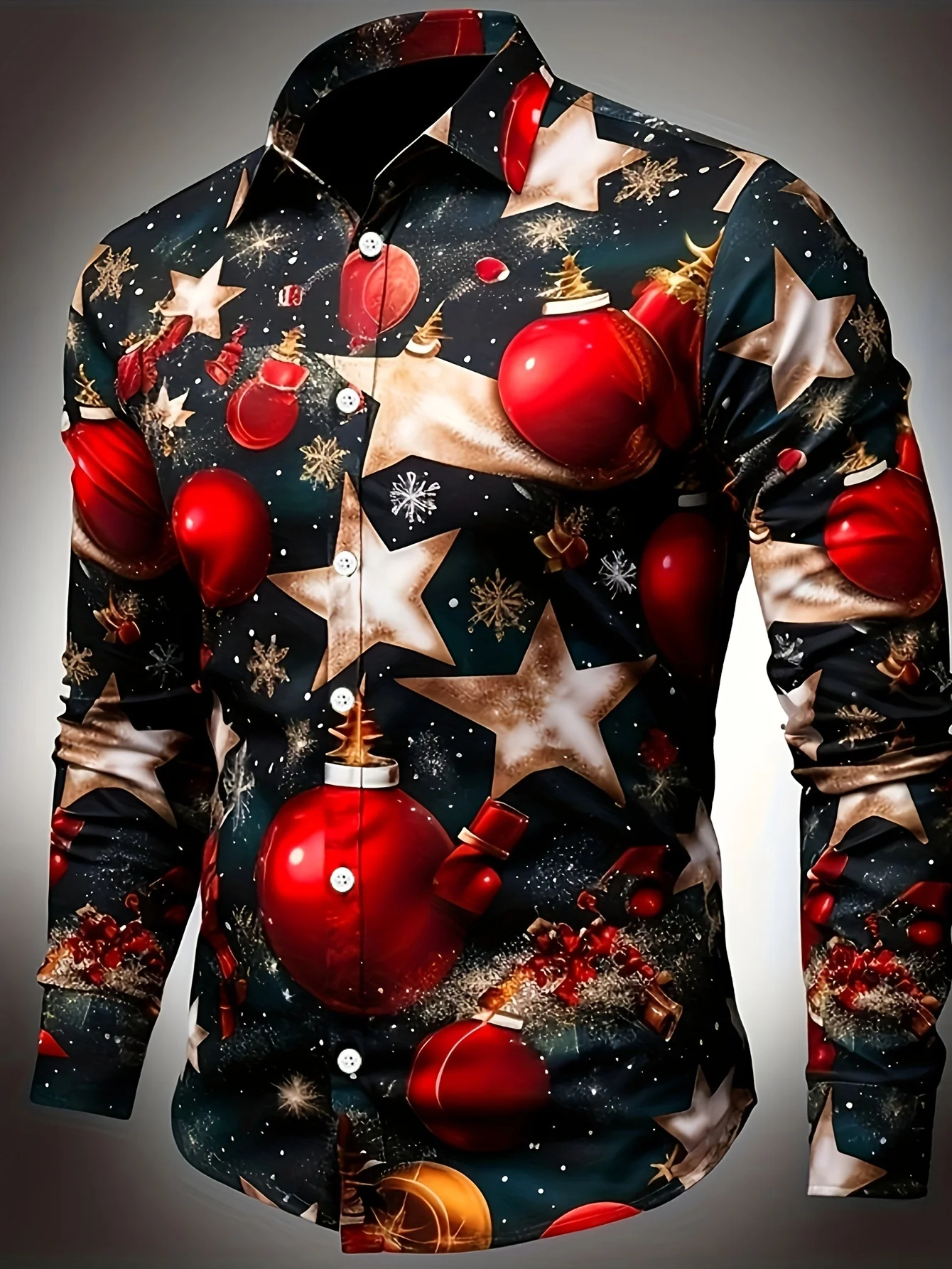 Men Long Sleeve Button Down Shirt Black Christmas Bauble Star Snowflake Print Polyester Lapel Collar Holiday