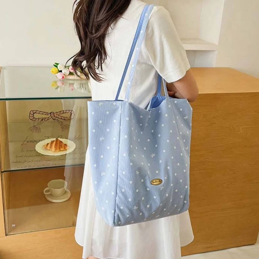 Lightweight Polka Dot Tote Foldable Soft Fabric Canvas Shoulder Bag Washable Pastel Colors Double-sided Cloth Handbag Students