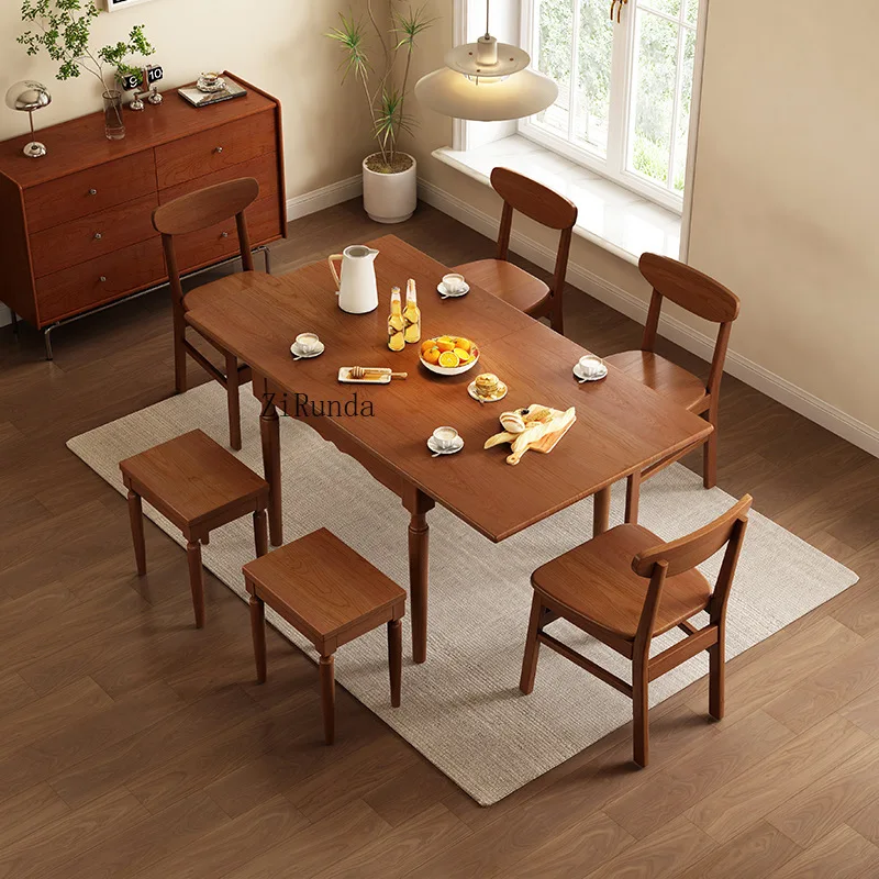 طاولة طعام مربعة قابلة للطي من الخشب الصلب على طراز العصور الوسطى وكرسي مزيج حديث وبسيط منزلي على الطراز الكريمي الشمالي #3