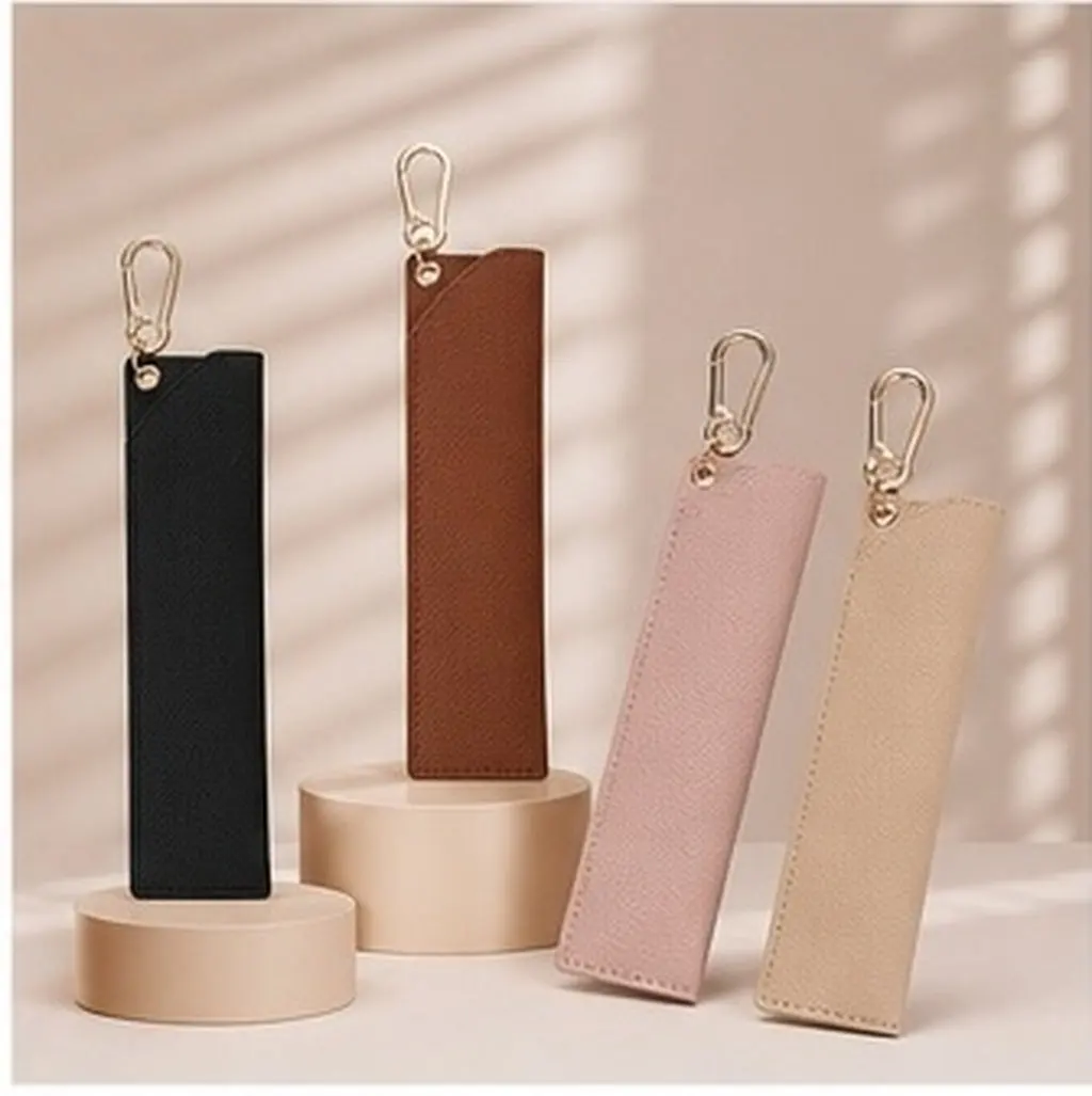 4Pcs Stylish Lychee PU Double Pen Case Slim 16x5cm Portable Pencil Pouch with Hang Buckle for Students Professionals