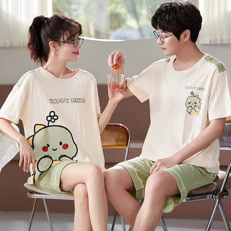 Summer Cotton Couple Pajamas Set Cartoon Sleepwear Short Sleeve Round Neck Loose Sweet Cute M-3XL Lovers Homewear