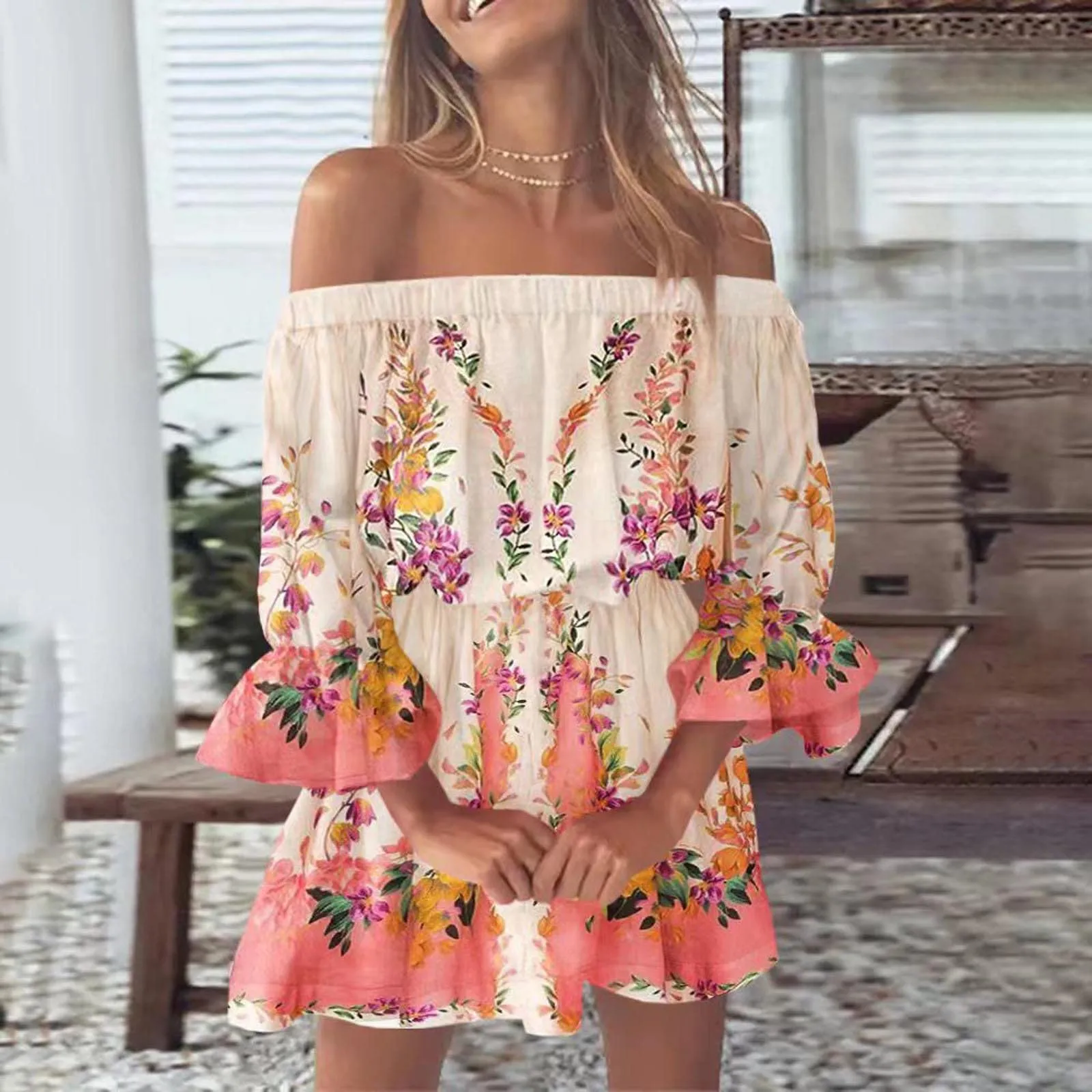 

Sexy Off Shoulder Women's Loose Fit Mini Floral Print Dress Flare Long Sleeve Dresses Summer Beach Casual Slash Neck Dress