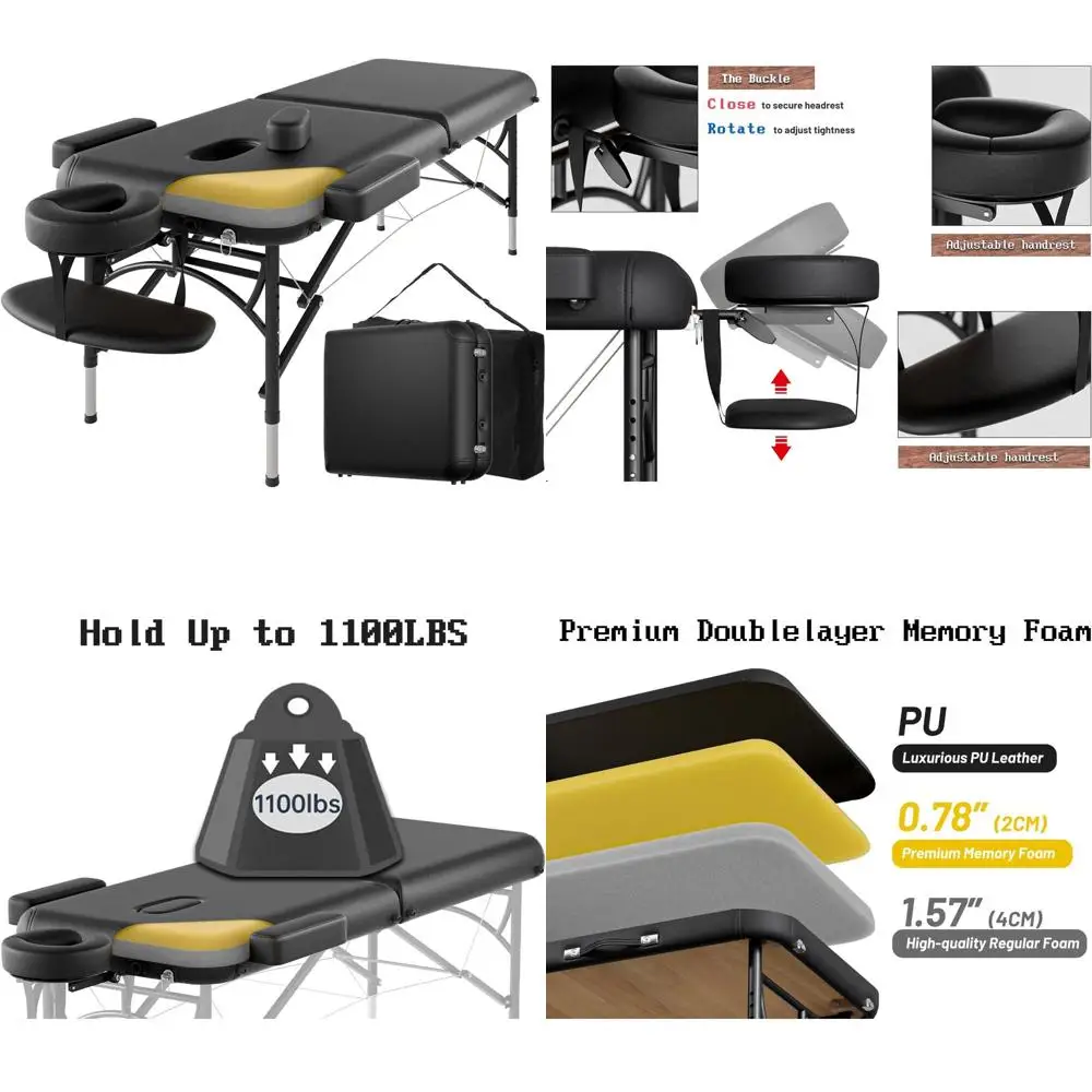 

Portable Massage Table with Premium Memory Foam, Adjustable Height, Aluminium Legs, Holds Up to 1100LBS, Black