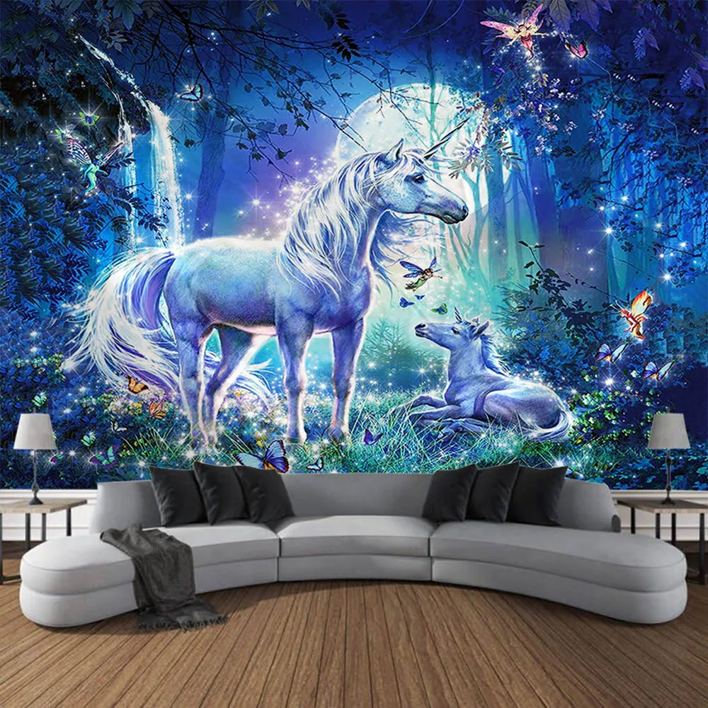 Heiliges Einhorn Wandteppich Wandbehang Stoff Bohemian Hippie Fantasy Szene Wanddekoration Kawaii Zimmer Kunst Dekoration Decke