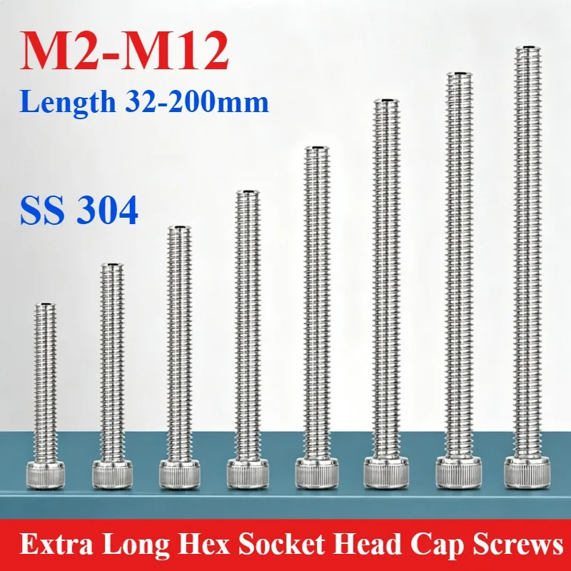 304 Stainless Steel Extra Long Hex Socket Head Cap Screws M2 M2.5 M3 M4 M5 M6 M8 M10 M12 Long Allen Bolt Screw Length 32-200mm