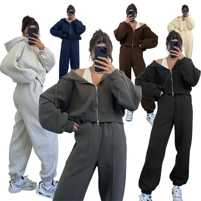 Autumn and Winter New Fashionable Casual Sports Pants Set Solid Color Hooded Cardigan Two-piece Set