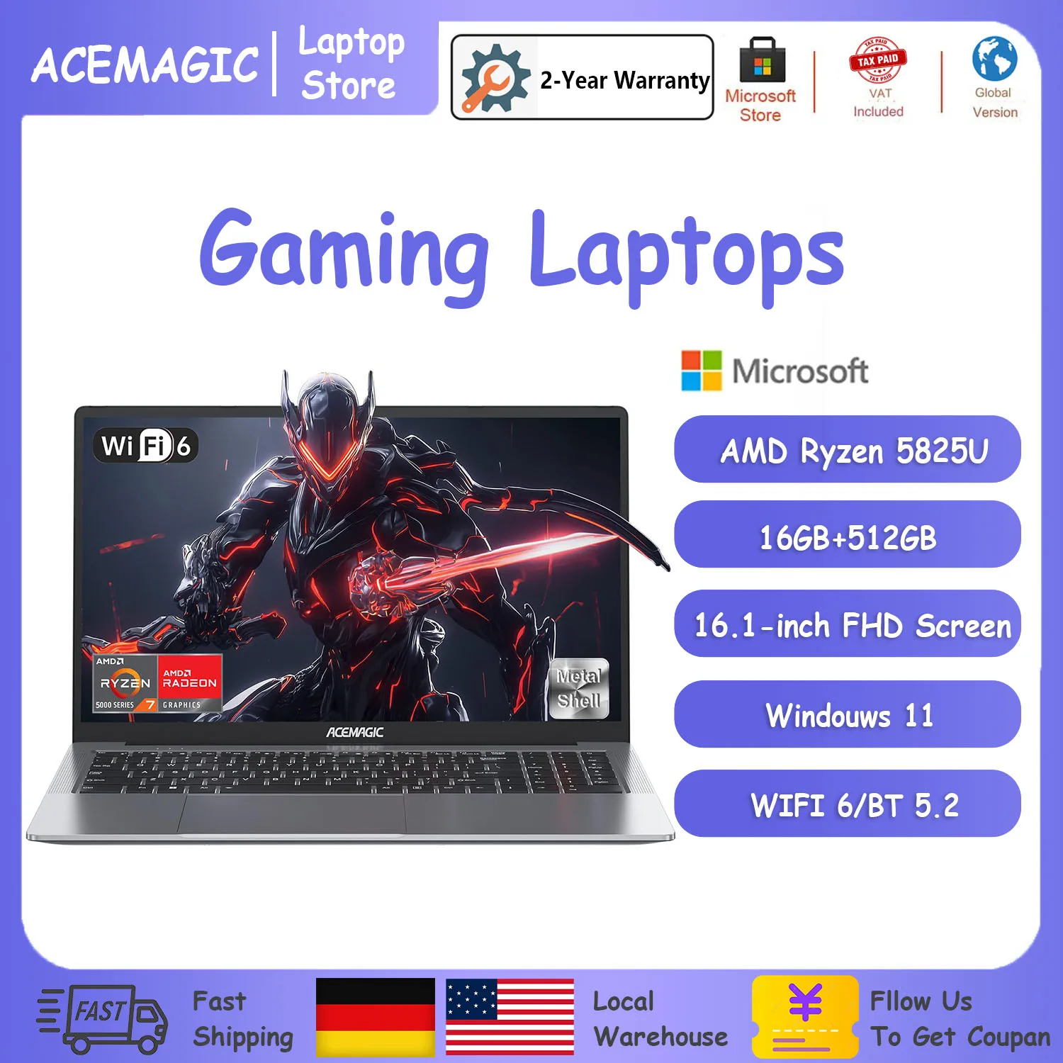 ACEMAGIC Gaming Laptop with Backlit Keyboard 16.1-inch FHD Display Laptop with AMD Ryzen 7 5825U Processor 16GB RAM 512GB ROM