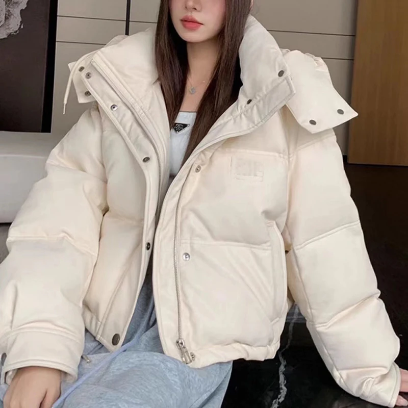 Down Jacket for Winter Women Real Sheepskin Casual Removable Hat Button Zipper Oversize Short White Duck Down Coats Pluma Mujer