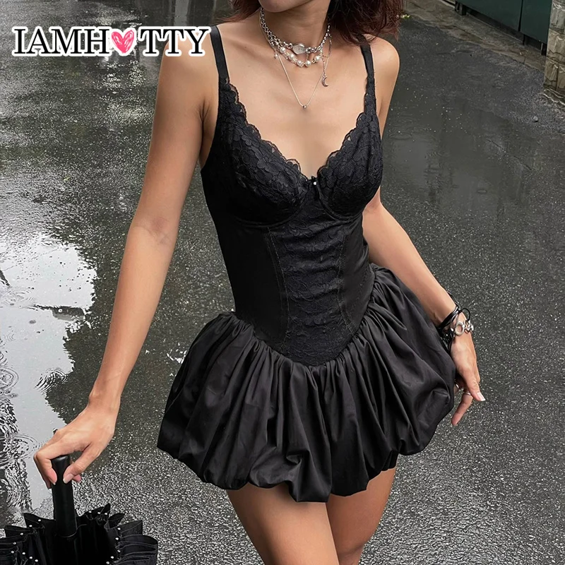 IAMHOTTY Elegant Lace Stitching A-line Dress for Birthday Party High Street V-neck  Spaghetti Straps Sundress Princess Tutu Robe