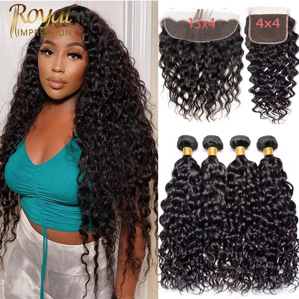 Water Wave Brazilian Human Hair Bundles With Closure Curly Human Hair Bundles With Lace Frontal Hair Extensions For Women