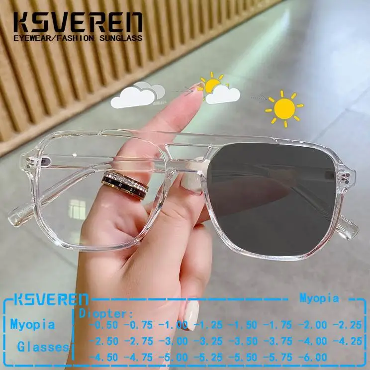 

Designer Double Bridge Square Photochromic Myopia Glasses Men Women Fashion Large Frame Prescription Eyewear Sun Discolor Len