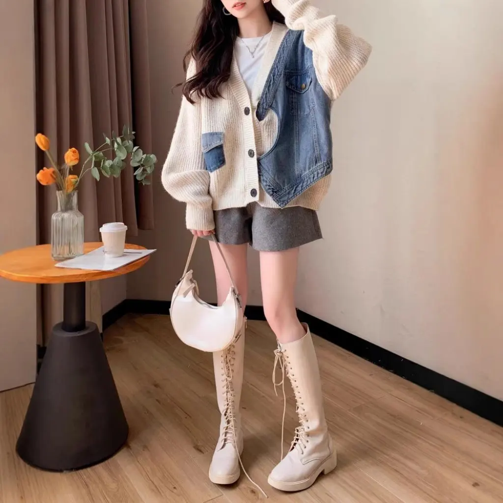 

Women's Korean Style Denim Sweater Coat Niche Stitching Fake Two-Piece Knitted Cardigan Autumn Winter New
