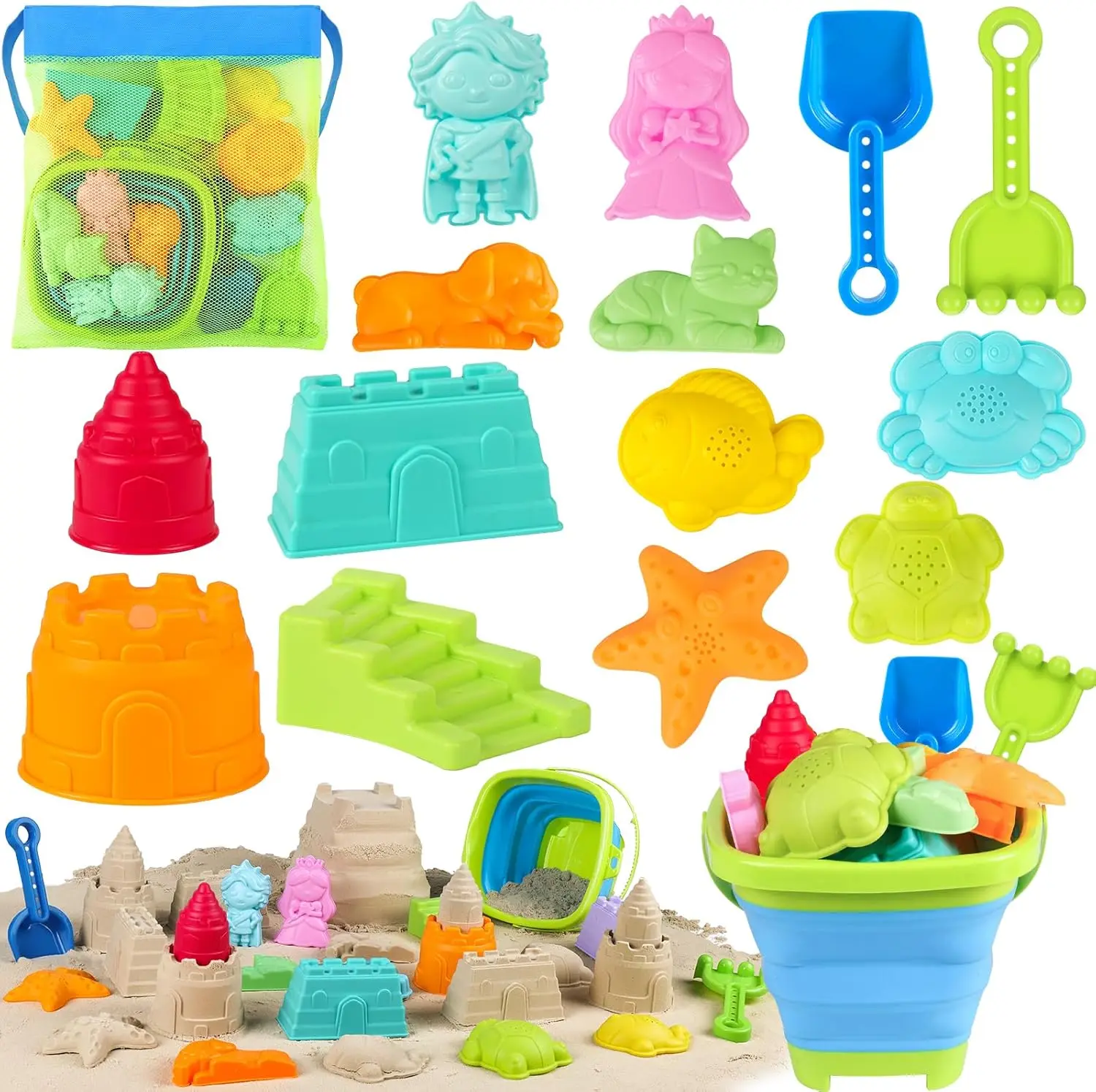 

Collapsible Beach Toys for Kids, Foldable Sand Bucket Set with Shovels & Mesh Bag, Travel Sandbox Essentials Ages 3-10