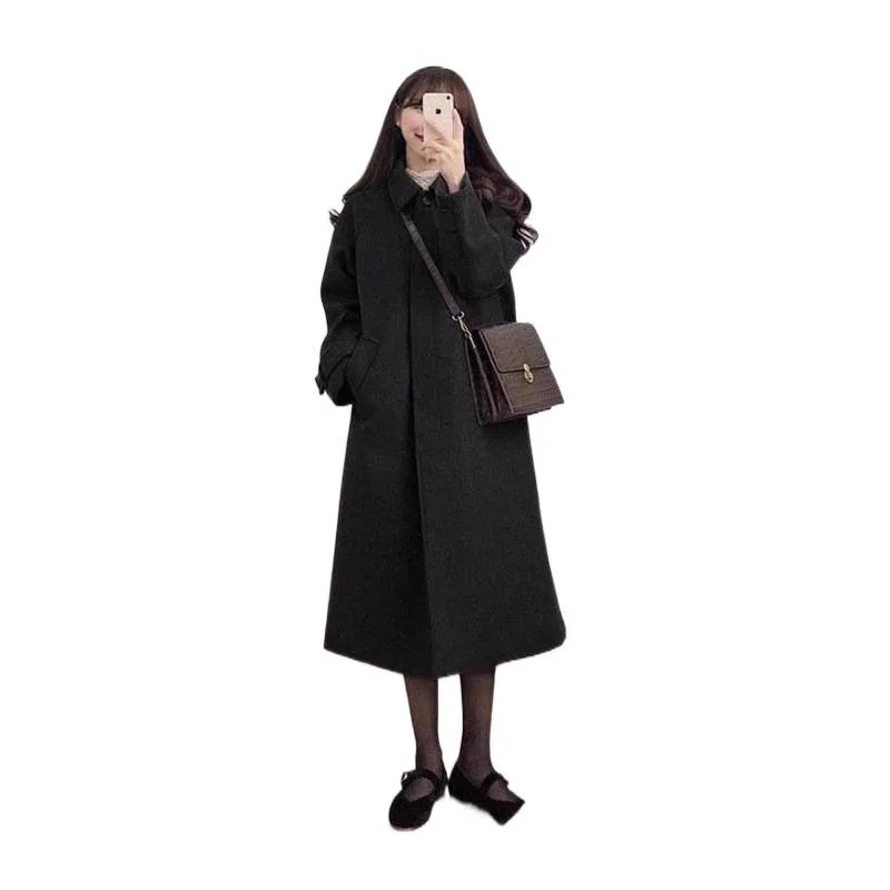 حجم كبير معطف صوفي سميك للمرأة نمط هيبورن خريف شتاء جديد وصول النظام الكوري الراقية ملابس خارجية صوفية سوداء #5