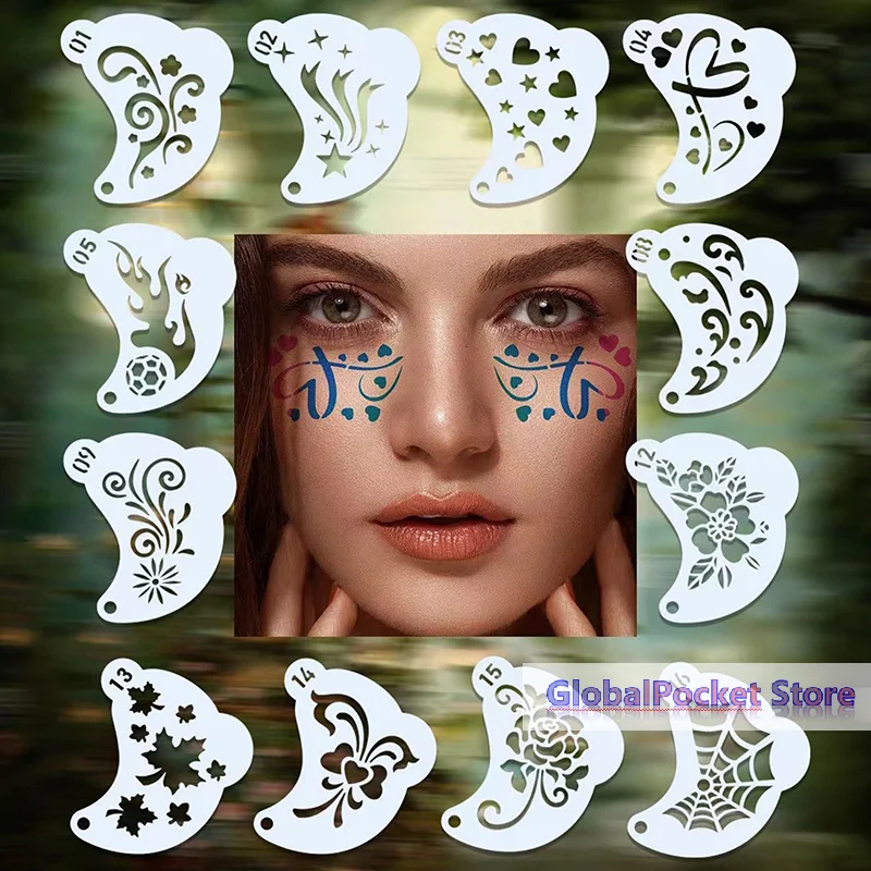 

16Pcs Face Painting Tattoo Stencil DIY Hand Drawn Spray Painting Eyebrow Tattoo Template Dance Party Makeup Tools Beauty Sticker