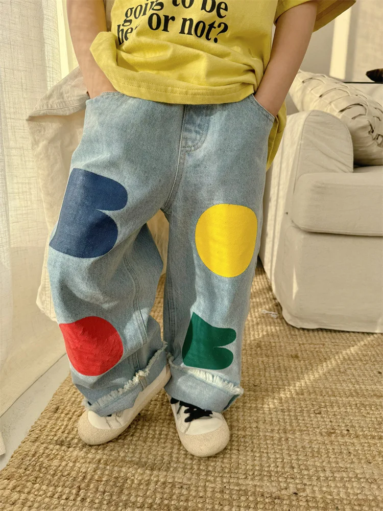 2024 Spring New Children Loose Jeans Baby Girl Color Printing Casual Pants Toddler Boy Harem Pants Kids Versatile Denim Trousers