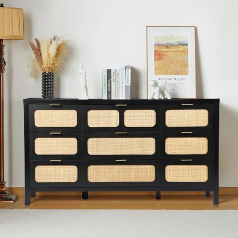 

9 Drawer Dresser, Modern Rattan Dresser Chest with Large Storage and Metal Handles, Rustic Wood Storage Chest of Drawers for Bed