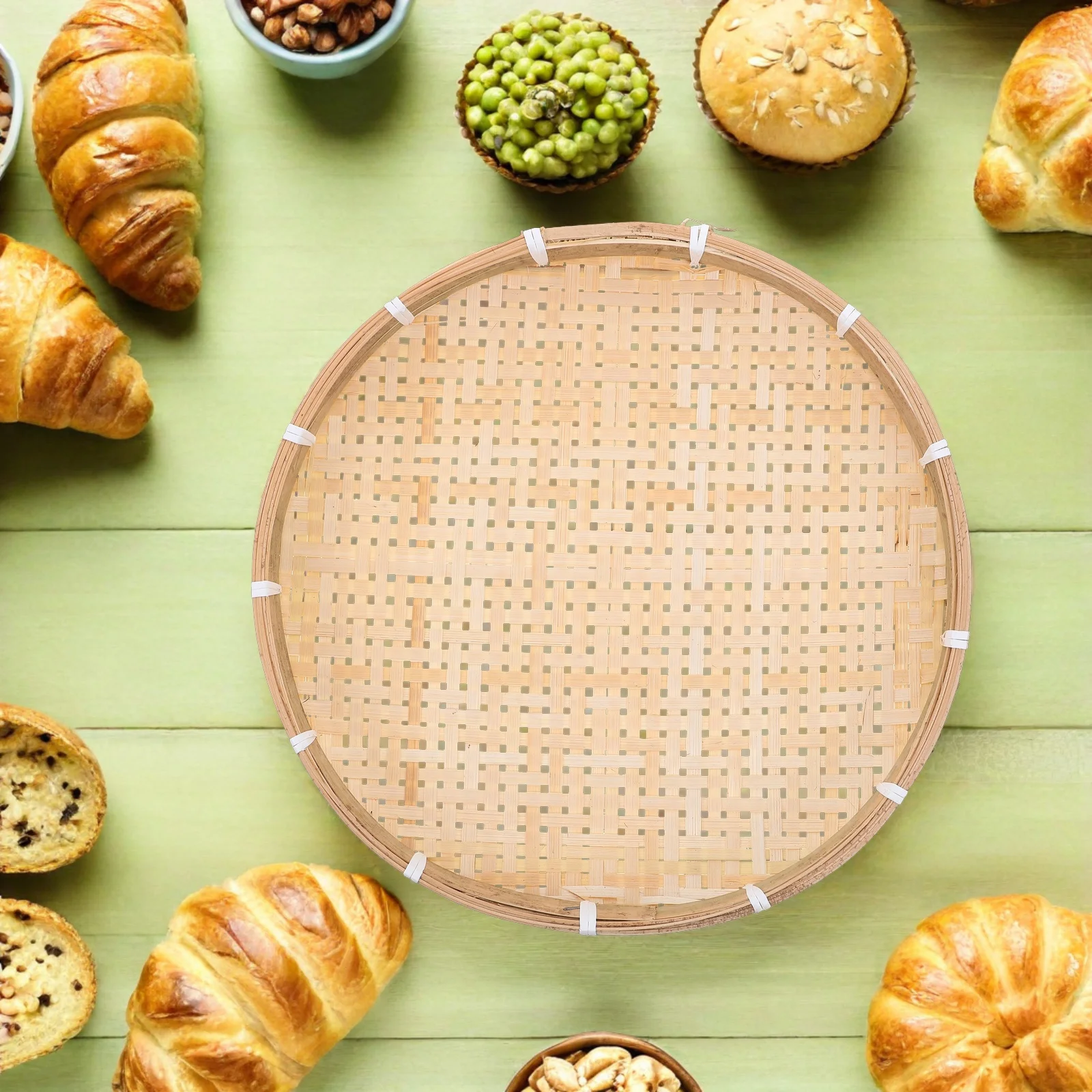 

30 Cm Handwoven Bamboo Woven Tray Farmhouse Serving Basket With Drainage For Fruit Bread Vegetable Noodles Udon Food