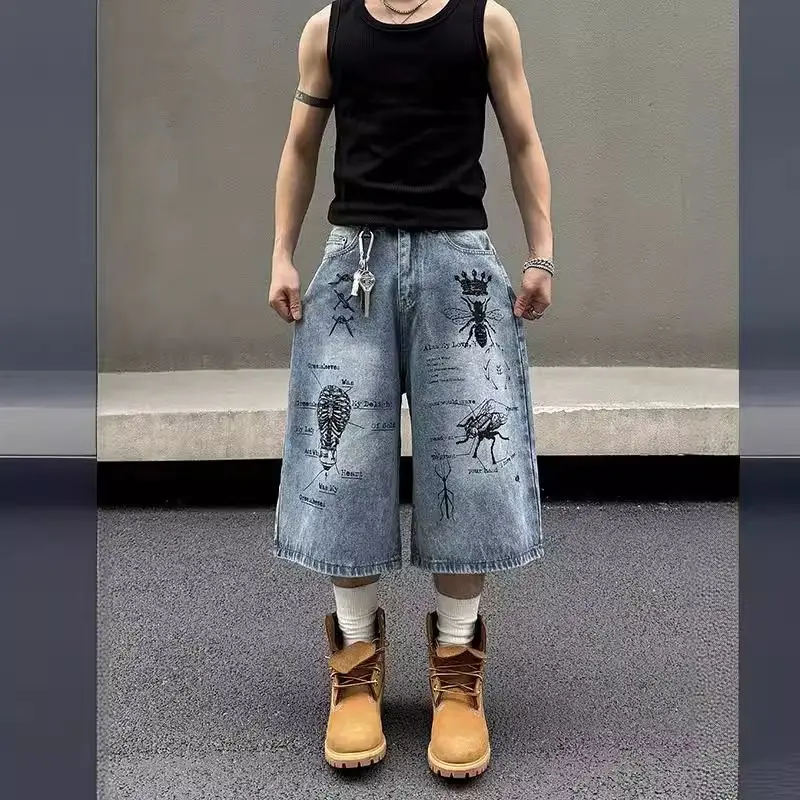

American High Street Vibe Style Graffiti Printed Jeans Y2K Retro Seven Quarter Denim Pants Men Hip hop Harajuku Trend Trousers