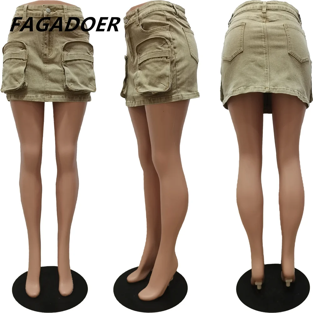 FAGADOER Spring New Fashion Pocket Cargo Denim Skirts Women High Waisted Button Skinny Mini Skirts Female Cowboy Bottoms 2024