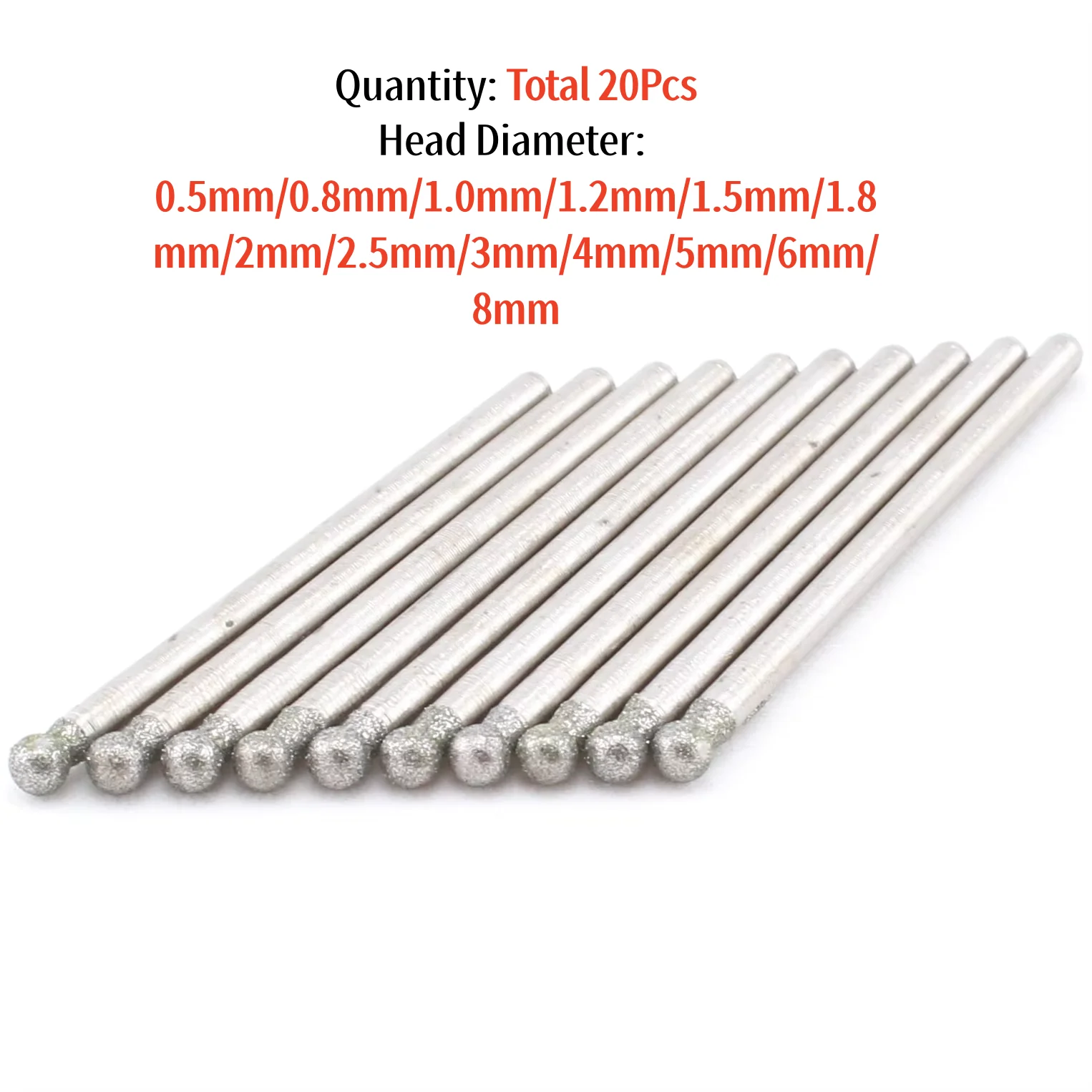 20Pcs 0.5-8mm Diamond Coated Mounted Points Spherical Ball 2.35mm Shank for Jewelry Stone Glass Grinding Carving for Dremel