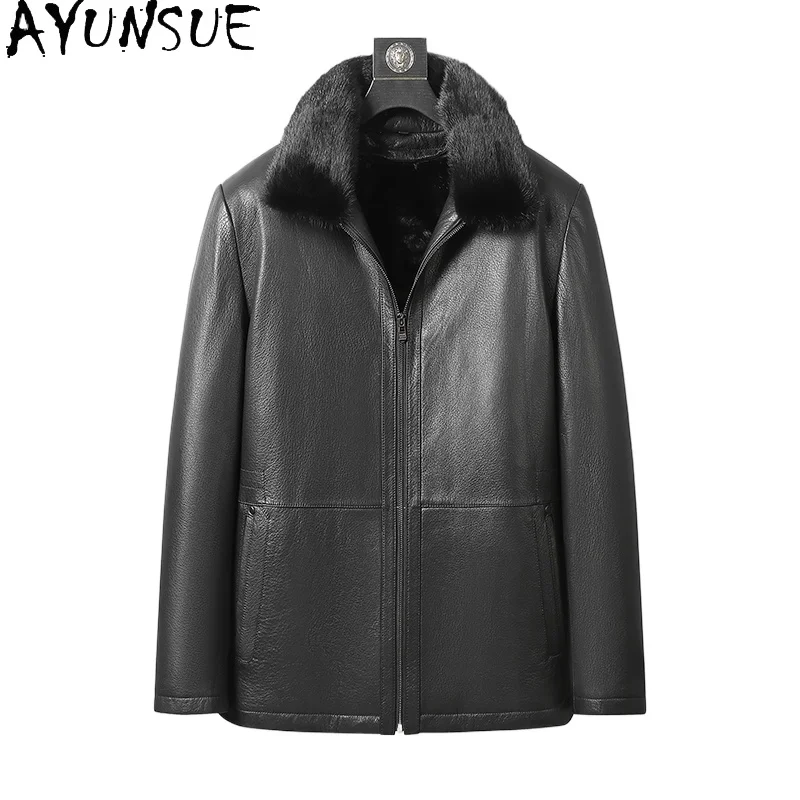 

AYUNSUE куртка из натуральной козьей кожи, мужская зимняя роскошная куртка на подкладке из норки, повседневные короткие кожаные куртки, мужские меховые пальто