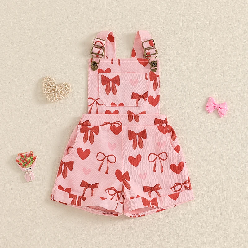 1-6years Girl Valentine Day Suspender Shorts Bow Heart Print Sleeveless Overalls for Girls Summer Spring